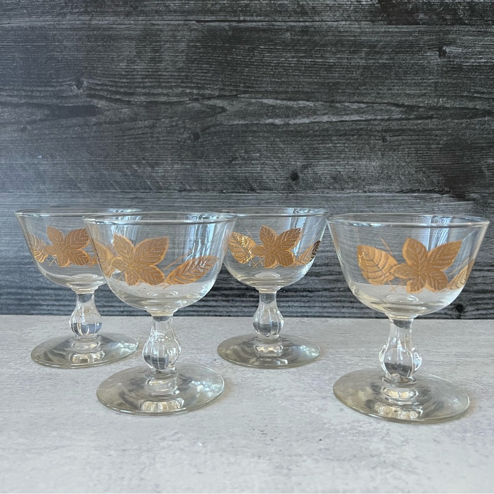 Set of 4 Libbey Glass Champagne Glasses with Gold Leaves